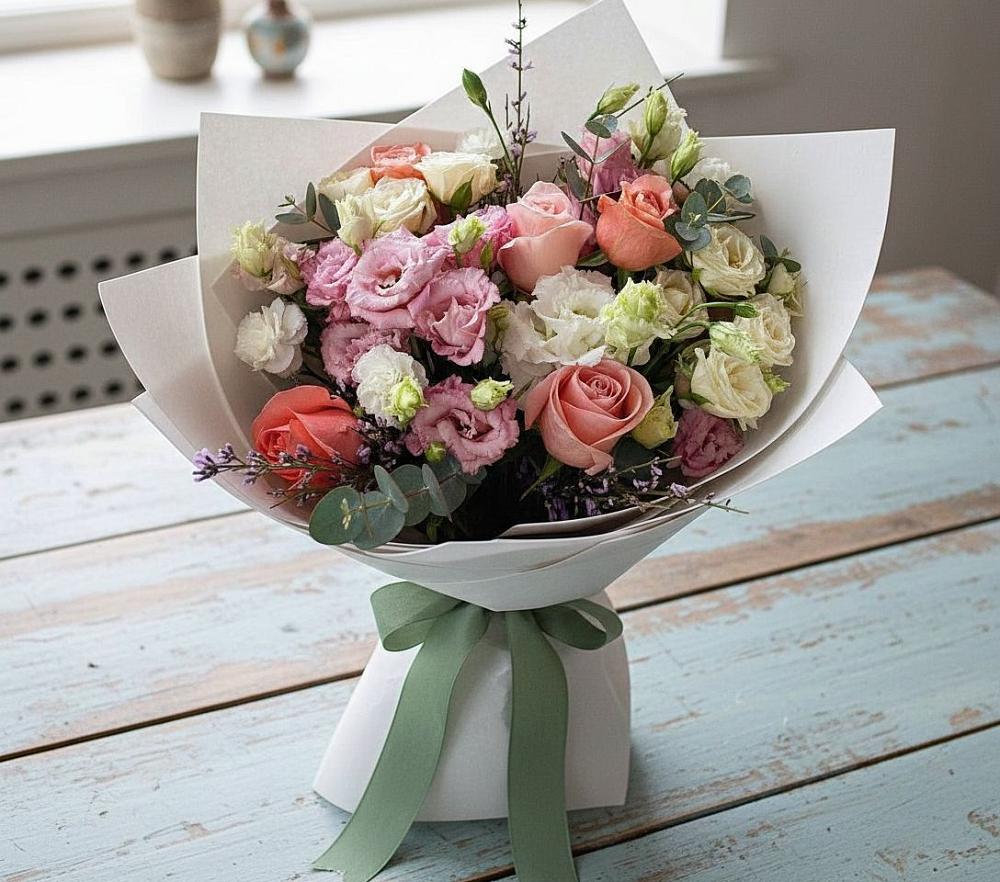 Букет цветов из: Розы, Лизиантусы и Гвоздики в Новольвовск