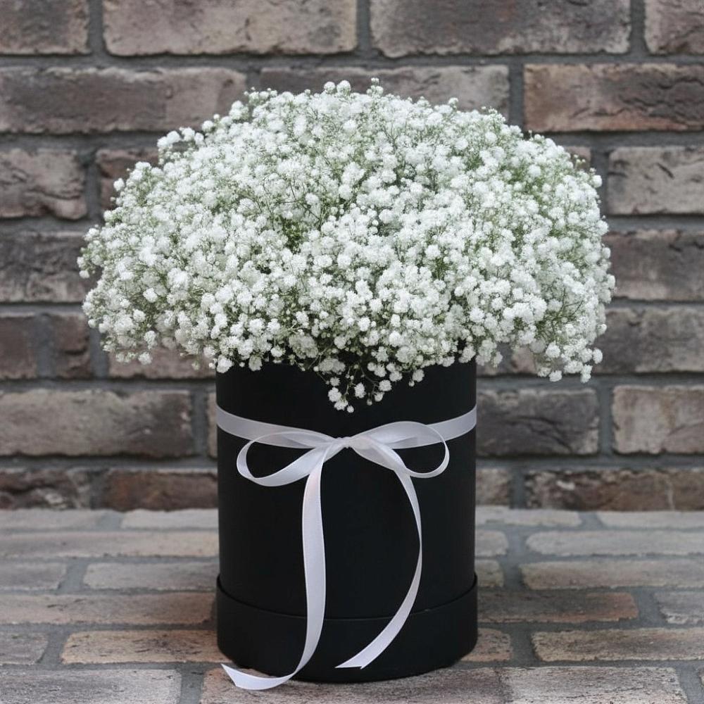 Цветочная композиция из Гипсофила в шляпной коробке в Новольвовск