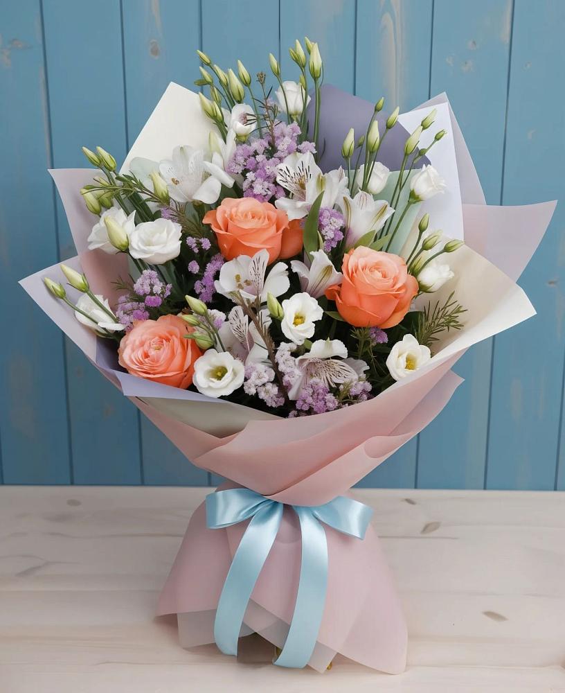 Букет цветов из: Лизиантусы, Розы, Альстромерии и Гипсофила в Новольвовск