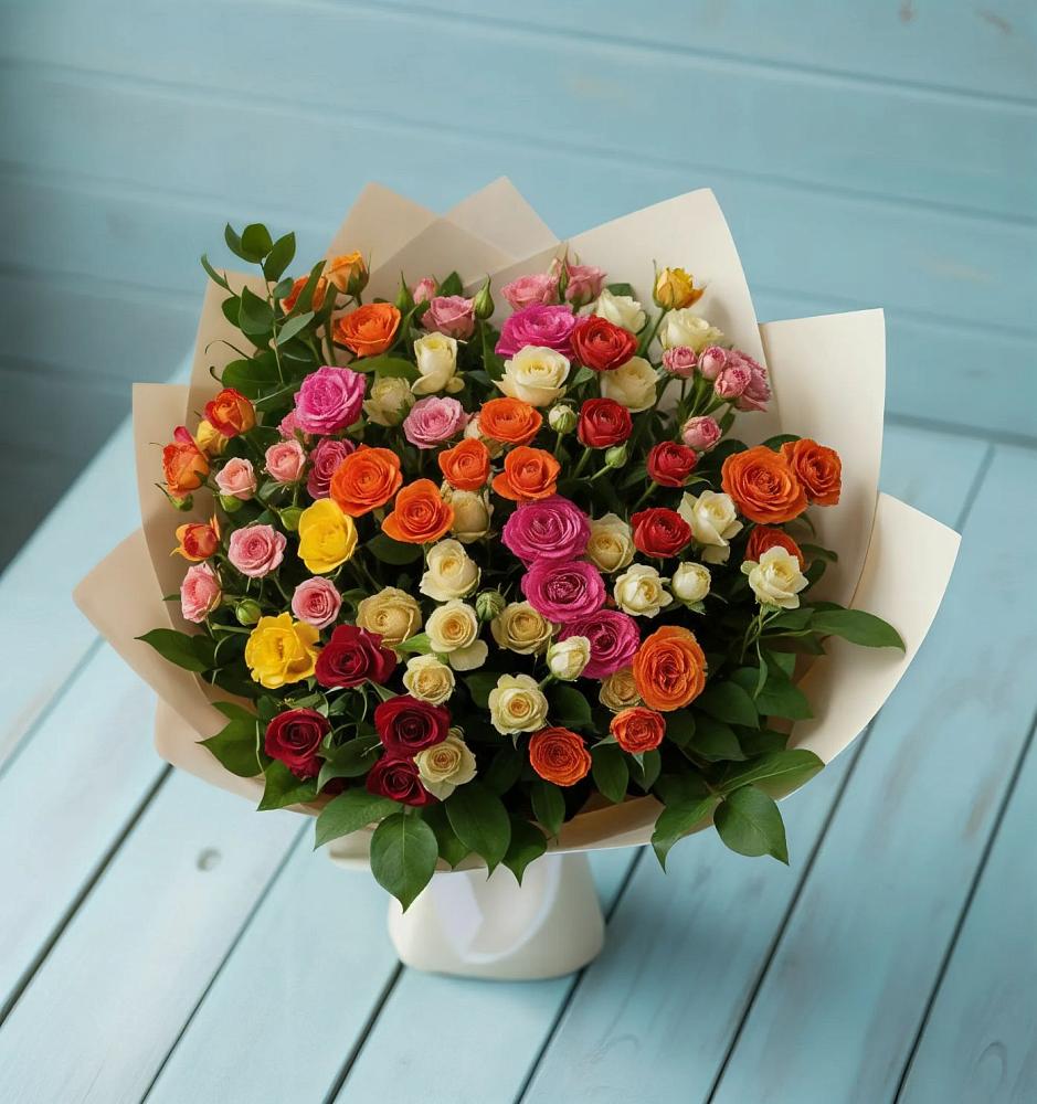 Букет Микс из разноцветных кустовых роз в Новольвовск