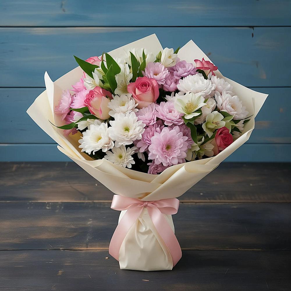 Букет цветов из: Хризантемы, Альстромерии и Розы в Новольвовск